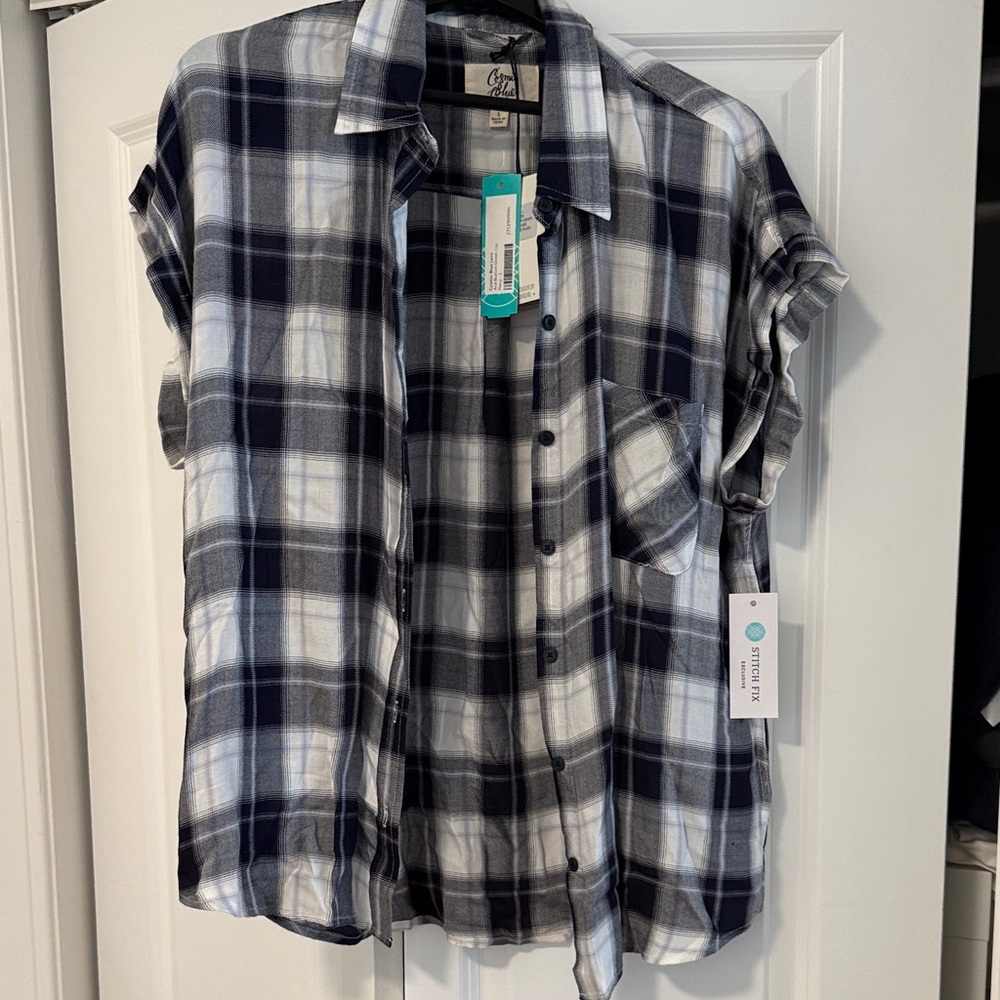 Relaxed Navy and White Plaid Button-Down Shirt